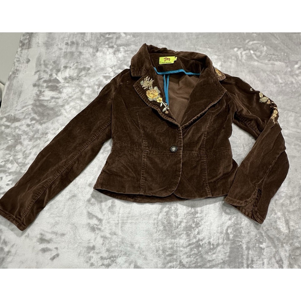 TM True Meaning Womens Jacket Size Medium Brown Embroidered Flowers Button *